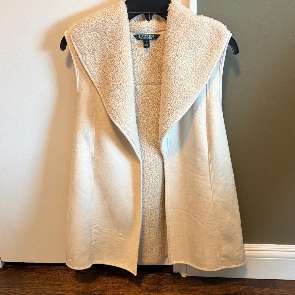 Lauren Ralph Lauren Cream Hooded Faux-Shearling Vest